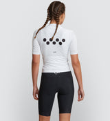 Core Women's Classic Cycling Jersey - White, Black Bib Shorts, Beautiful Model Back