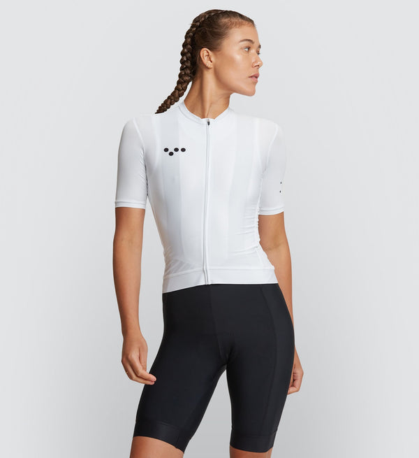 Core Women's Classic Cycling Jersey - White, Black Bib Shorts, Stunning Model, SPF 50, Breathable, Moisture-Control, Four-Way Stretch